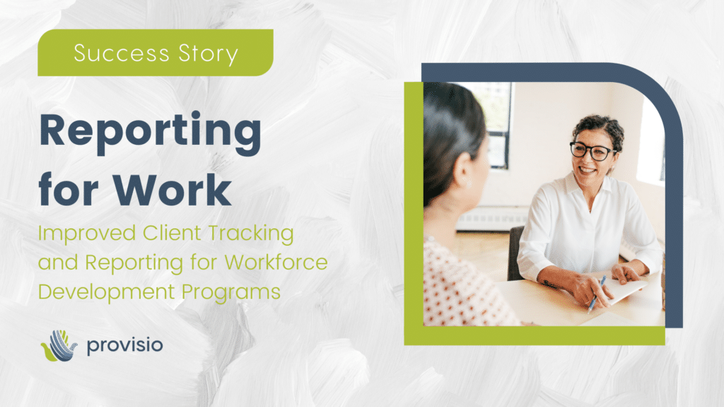 Success Story, Reporting for Work: Improved Client Tracking and Reporting for Workforce Development Programs, One person with glasses and long hair in a ponytail looking at another person with long hair pulled back